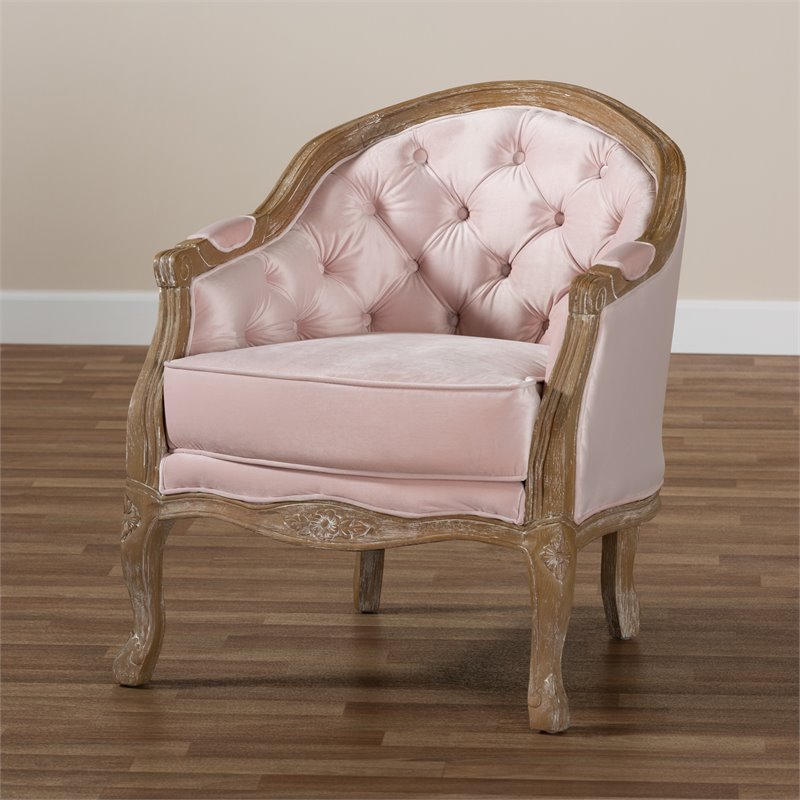 Bowery Hill Light Pink Velvet White-Washed Oak Armchair