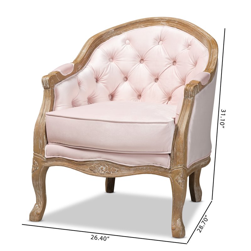 Bowery Hill Light Pink Velvet White-Washed Oak Armchair