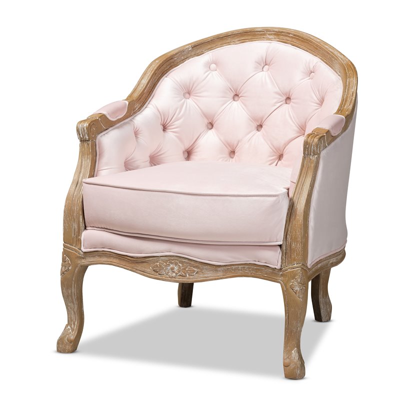 Bowery Hill Light Pink Velvet White-Washed Oak Armchair