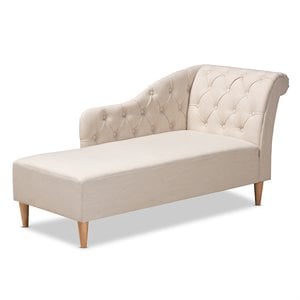 bowery hill beige upholstered oak finished chaise lounge