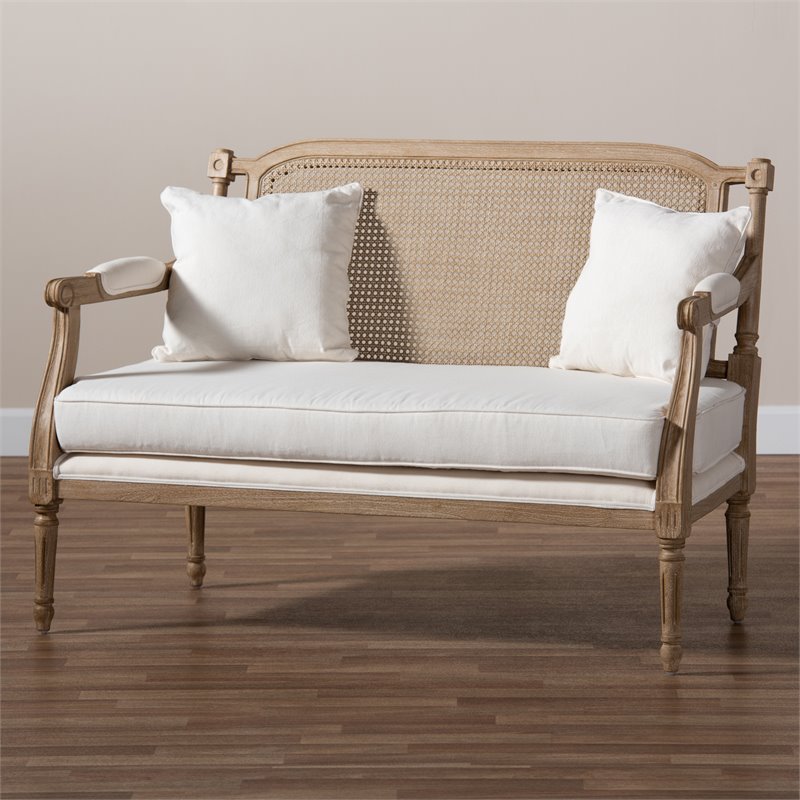 Bowery Hill Contemporary Wood Armchair with 2-Pillow in Whitewashed Oak
