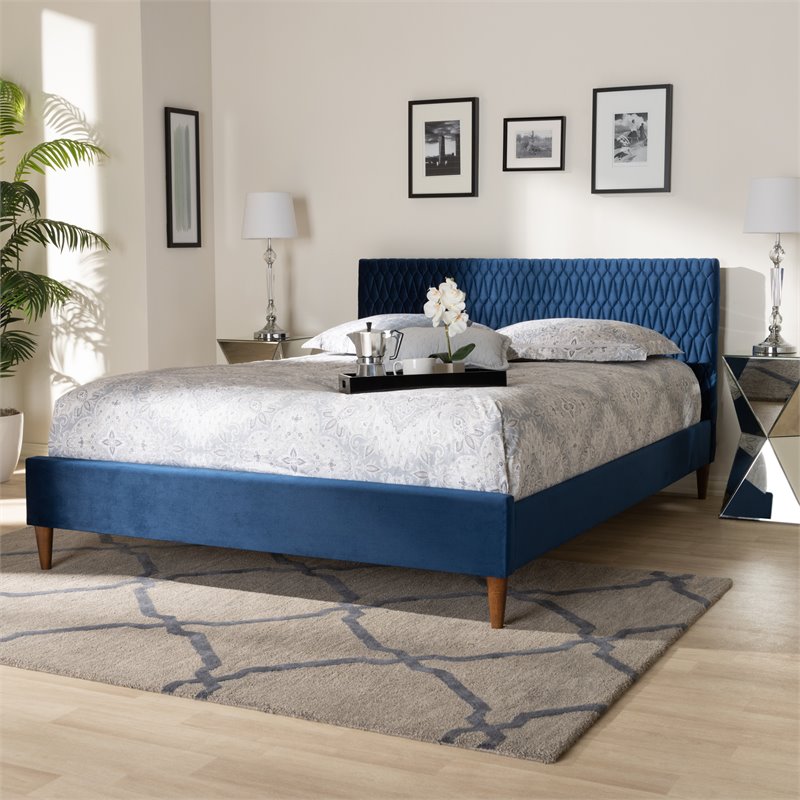 Bowery Hill Modern Full Size Royal Blue Velvet Upholstered Bed