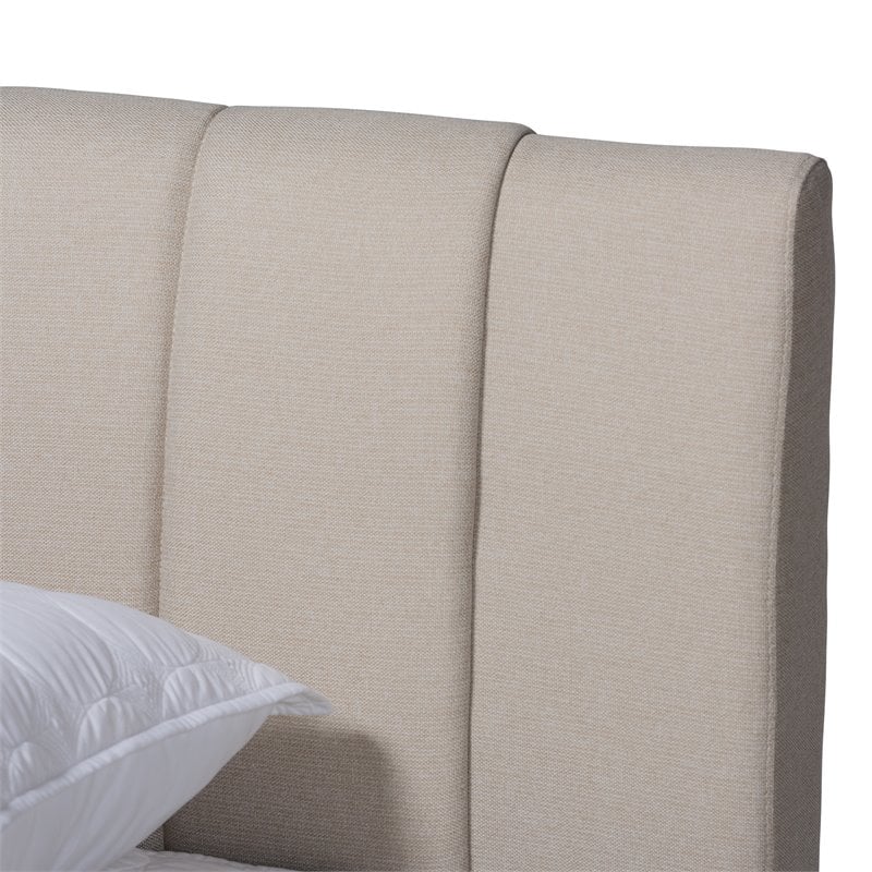 Bowery Hill Mid-Century Upholstered Fabric King Size Bed in Light Beige/Walnut