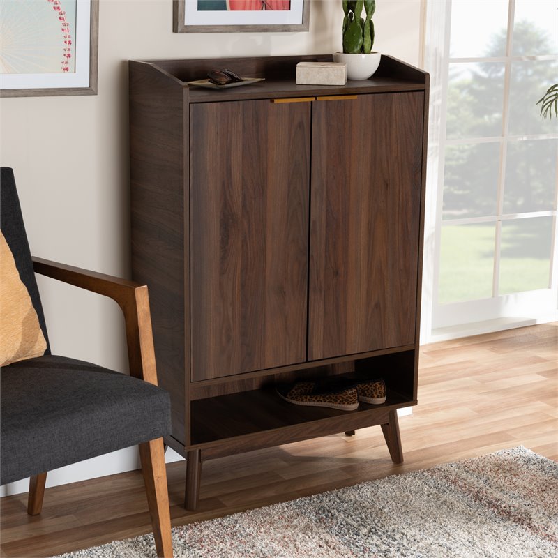Bowery Hill Mid-Century Wood Shoe Cabinet in Walnut Brown