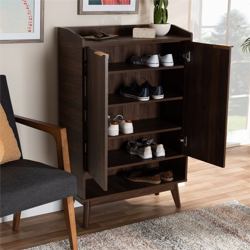 Bowery Hill Mid-Century Wood Shoe Cabinet in Walnut Brown