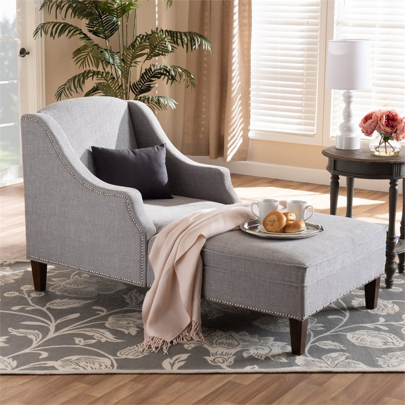 Bowery Hill Grey Upholstered Brown Finished Chaise Lounge