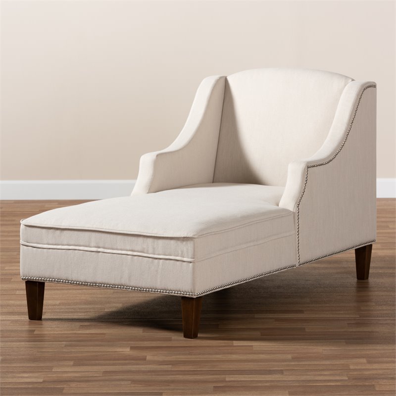 Bowery Hill Beige Upholstered Brown Finished Chaise Lounge