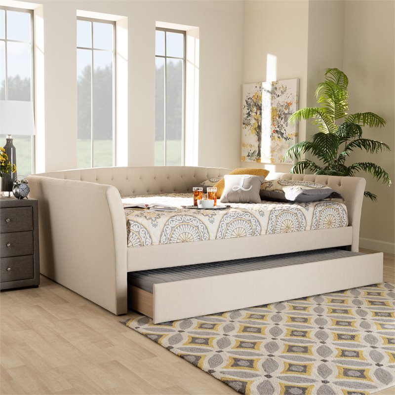 Bowery Hill Modern Fabric Upholstered Full Size Daybed with Trundle in Beige
