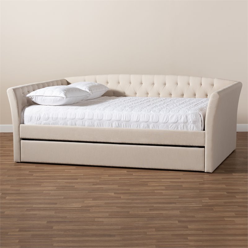 Bowery Hill Modern Fabric Upholstered Full Size Daybed with Trundle in Beige