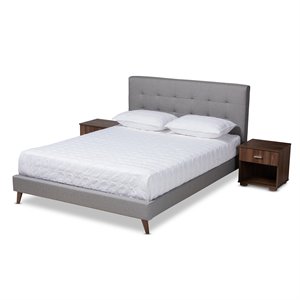 bowery hill mid-century full size light fabric grey platform bed with nightsts