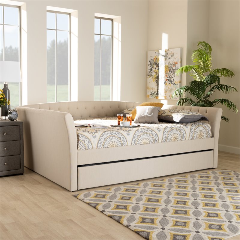 Bowery Hill Modern Fabric Upholstered Queen Size Daybed with Trundle in Beige