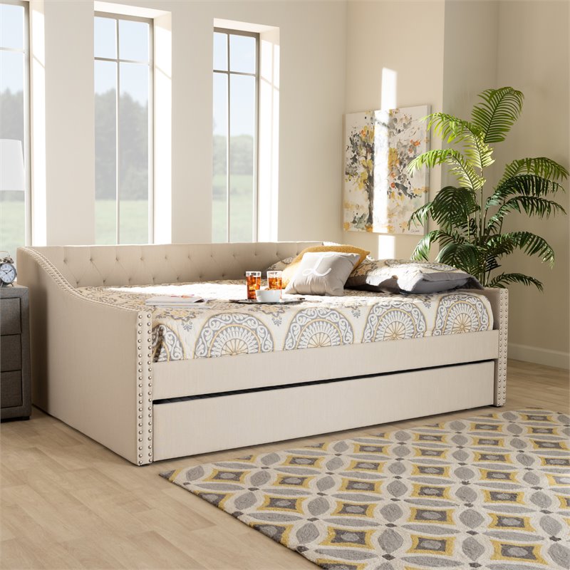 Bowery Hill Modern Fabric Upholstered Queen-Size Daybed with Trundle in Beige