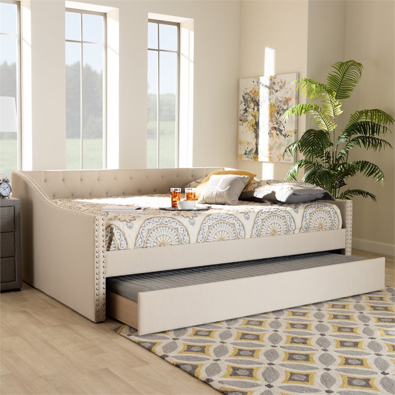 Bowery Hill Modern Fabric Upholstered Queen-Size Daybed with Trundle in Beige