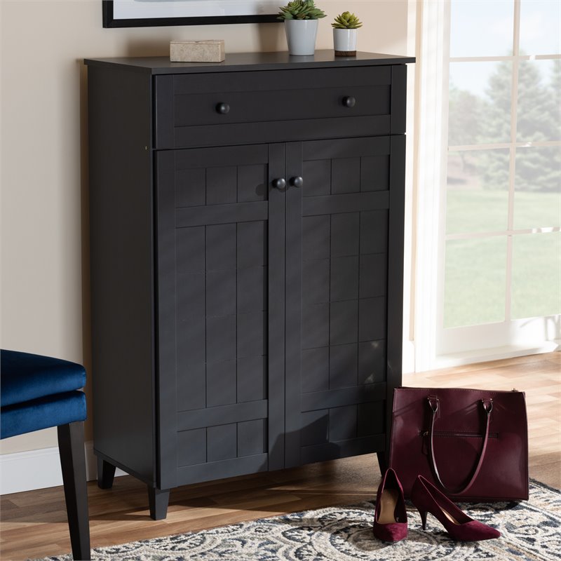 Bowery Hill Wood 5-Shelf and Drawer Shoe Cabinet in Dark Gray
