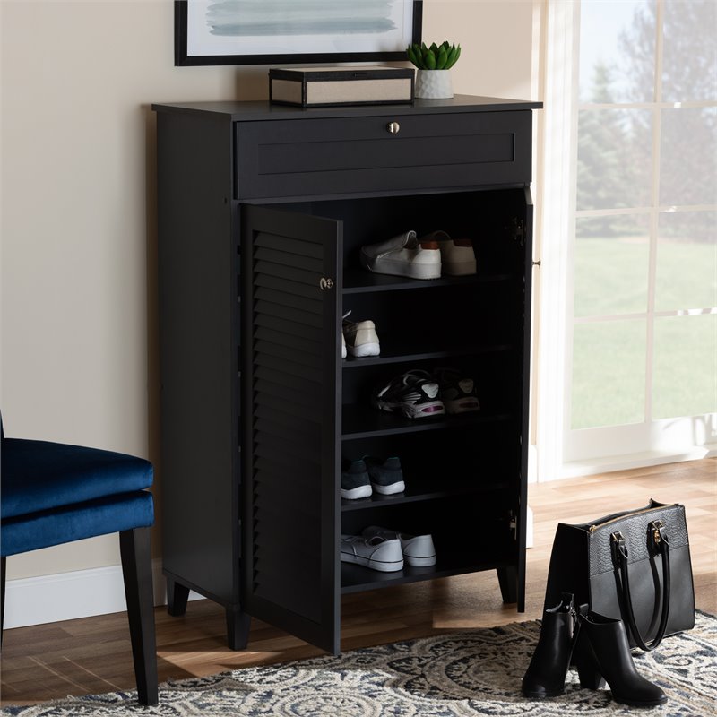 Bowery Hill Wood 5-Shelf and Drawer Shoe Cabinet in Dark Gray
