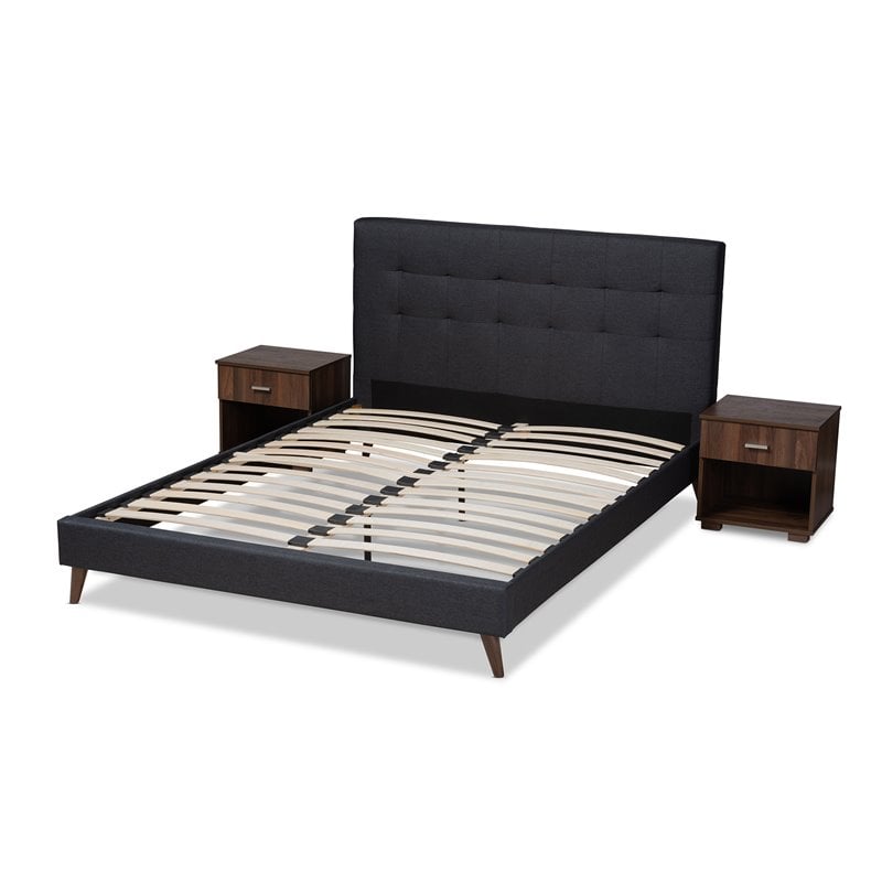 Bowery Hill Queen Dark Grey Platform Bed with Two Nightstands