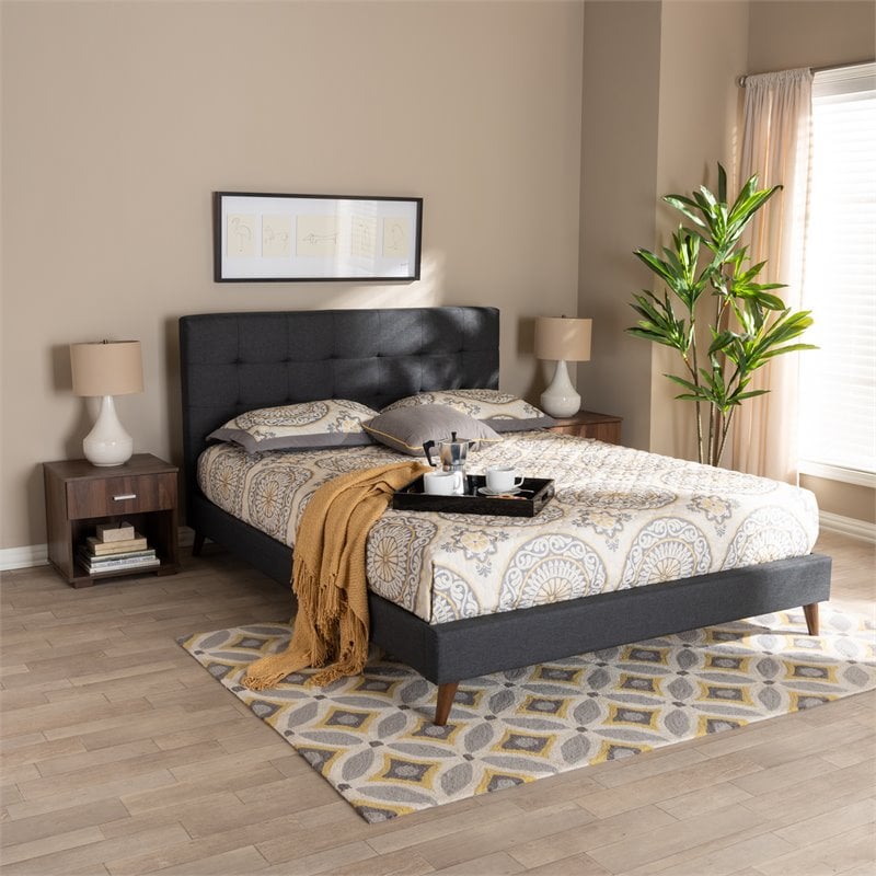 Bowery Hill Queen Dark Grey Platform Bed with Two Nightstands