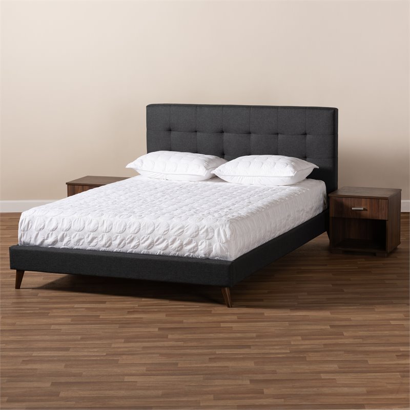 Bowery Hill Queen Dark Grey Platform Bed with Two Nightstands