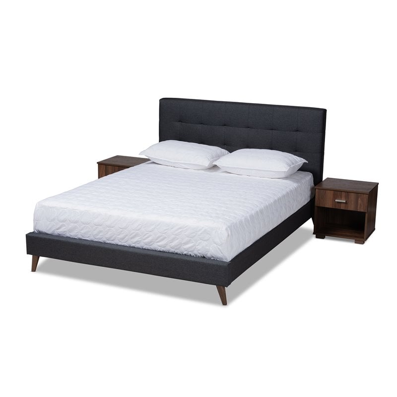 Bowery Hill Queen Dark Grey Platform Bed with Two Nightstands