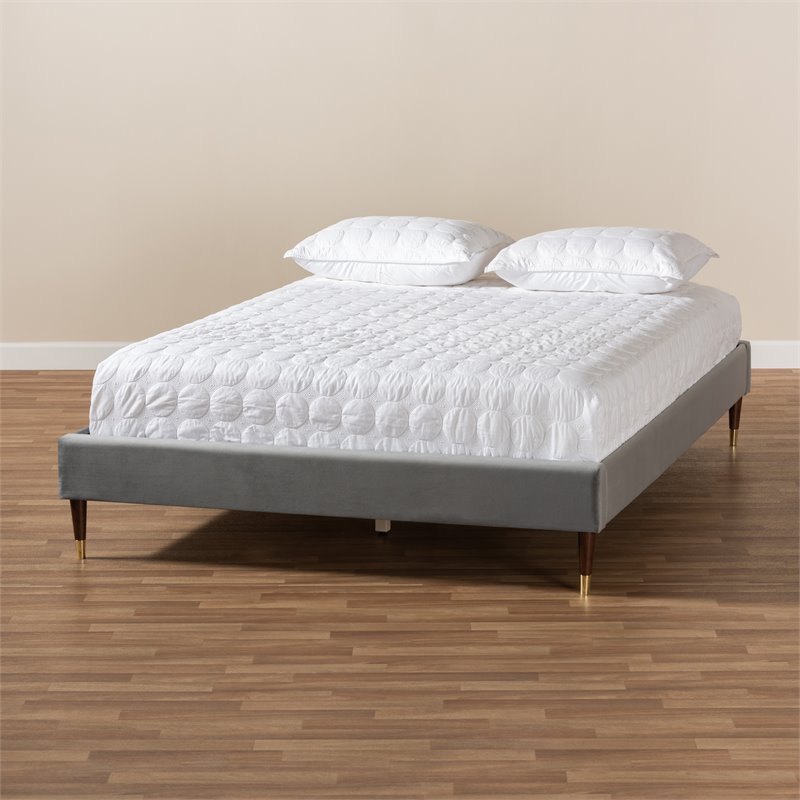 Bowery Hill Mid-Century Velvet Upholstered Wood Platform Full Bed in Gray