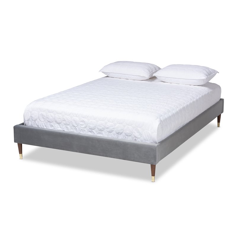 Bowery Hill Mid-Century Velvet Upholstered Wood Platform Full Bed in Gray