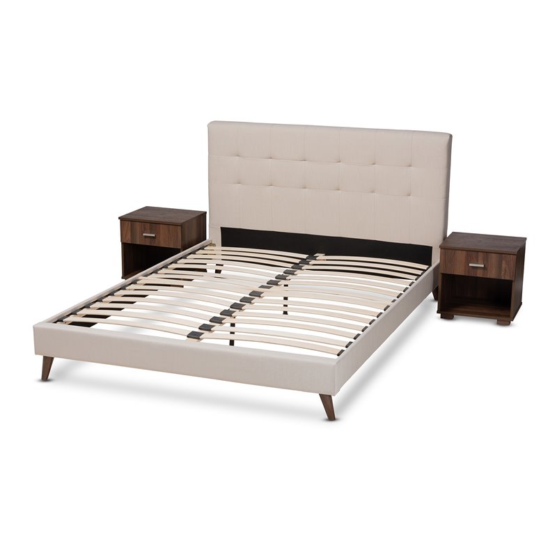Bowery Hill Queen Size Beige Platform Bed with Two Nightstands