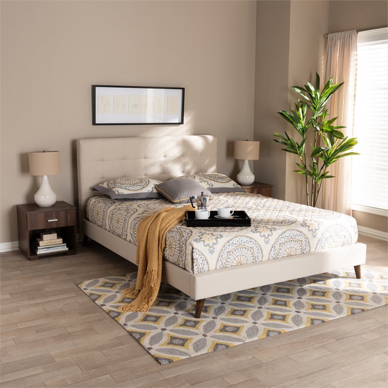 Bowery Hill Queen Size Beige Platform Bed with Two Nightstands