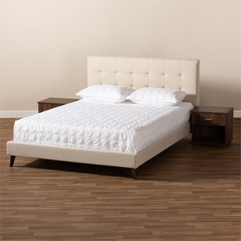 Bowery Hill Queen Size Beige Platform Bed with Two Nightstands