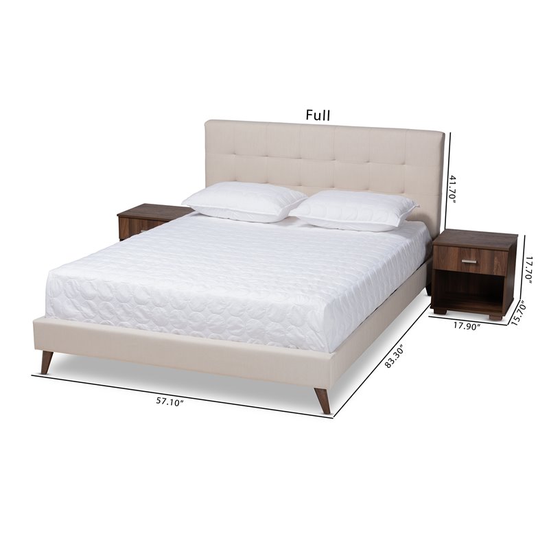 Bowery Hill Queen Size Beige Platform Bed with Two Nightstands