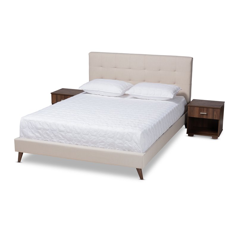 Bowery Hill Queen Size Beige Platform Bed with Two Nightstands