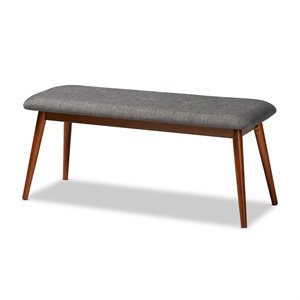 bowery hill mid-century upholstered wood bench in dark gray and medium oak