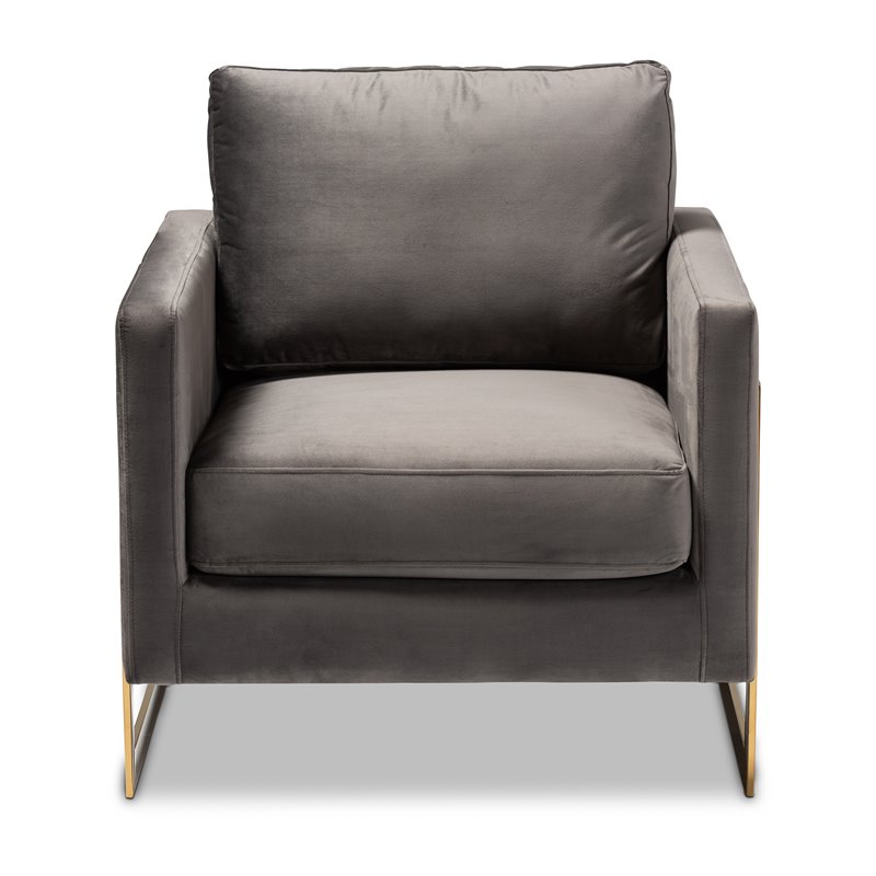 Bowery Hill Velvet Fabric with Gold Finish Accent Chair in Gray