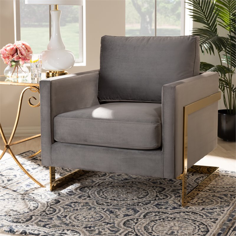 Bowery Hill Velvet Fabric with Gold Finish Accent Chair in Gray
