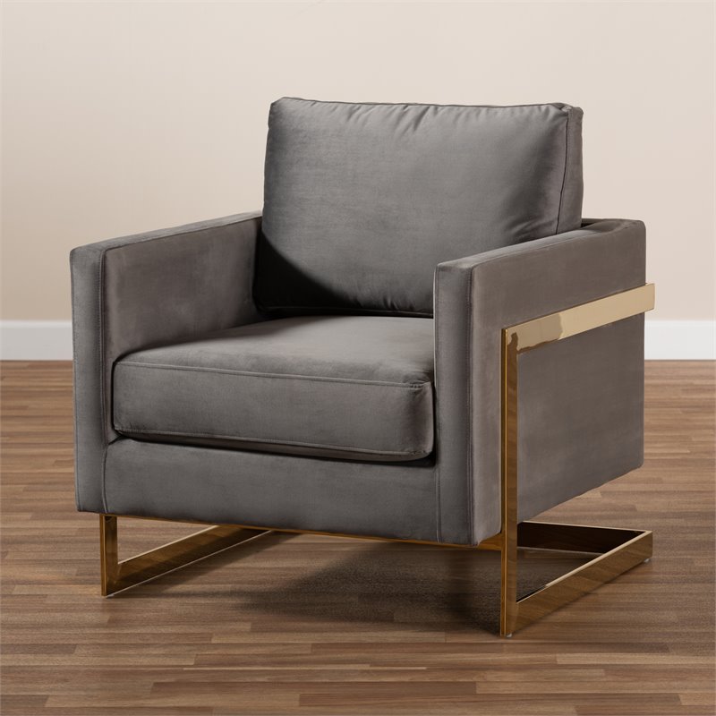 Bowery Hill Velvet Fabric with Gold Finish Accent Chair in Gray