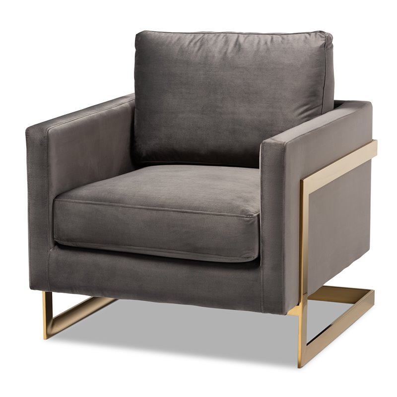 Bowery Hill Velvet Fabric with Gold Finish Accent Chair in Gray
