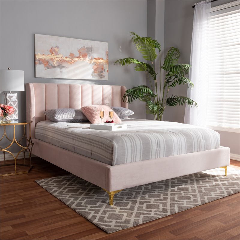 Bowery Hill Modern Velvet Upholstered Queen Platform Bed in Light Pink