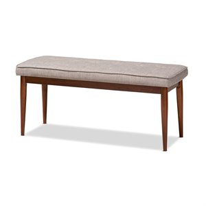bowery hill mid-century upholstered wood bench in light gray and medium oak