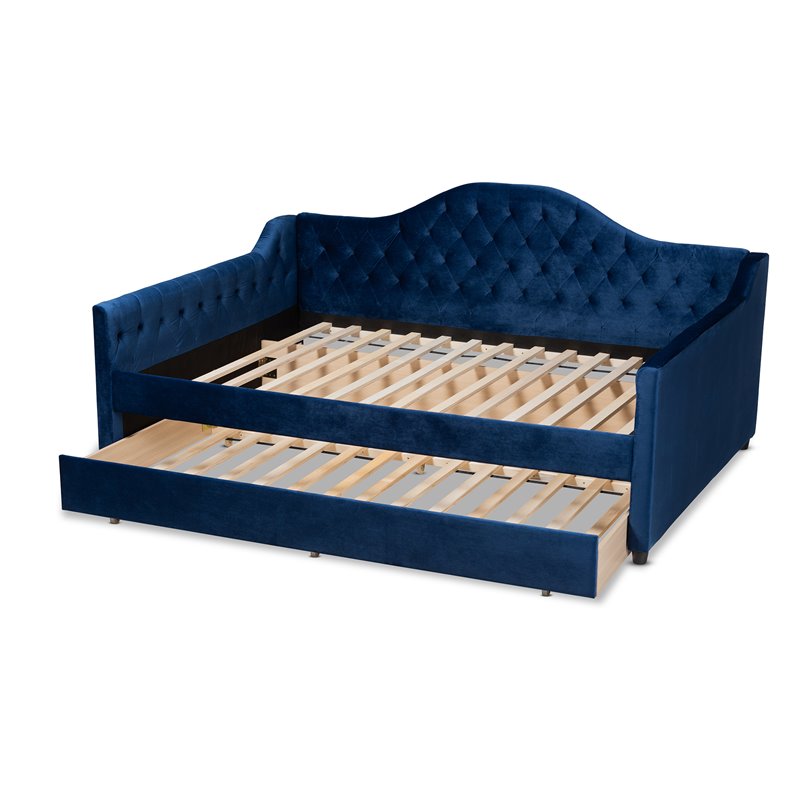 Bowery Hill Contemporary Velvet Upholstered Full Daybed with Trundle in Blue