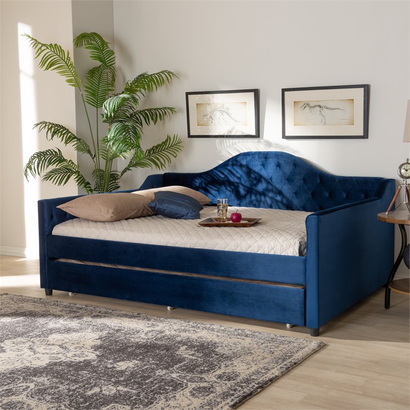 Bowery Hill Contemporary Velvet Upholstered Full Daybed with Trundle in Blue