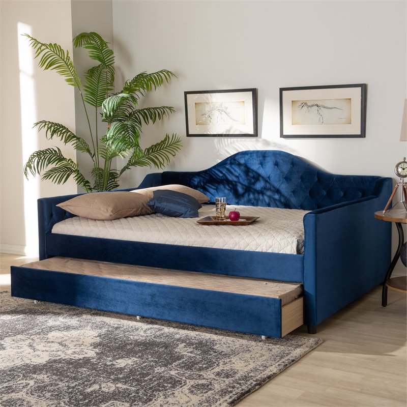 Bowery Hill Contemporary Velvet Upholstered Full Daybed with Trundle in Blue