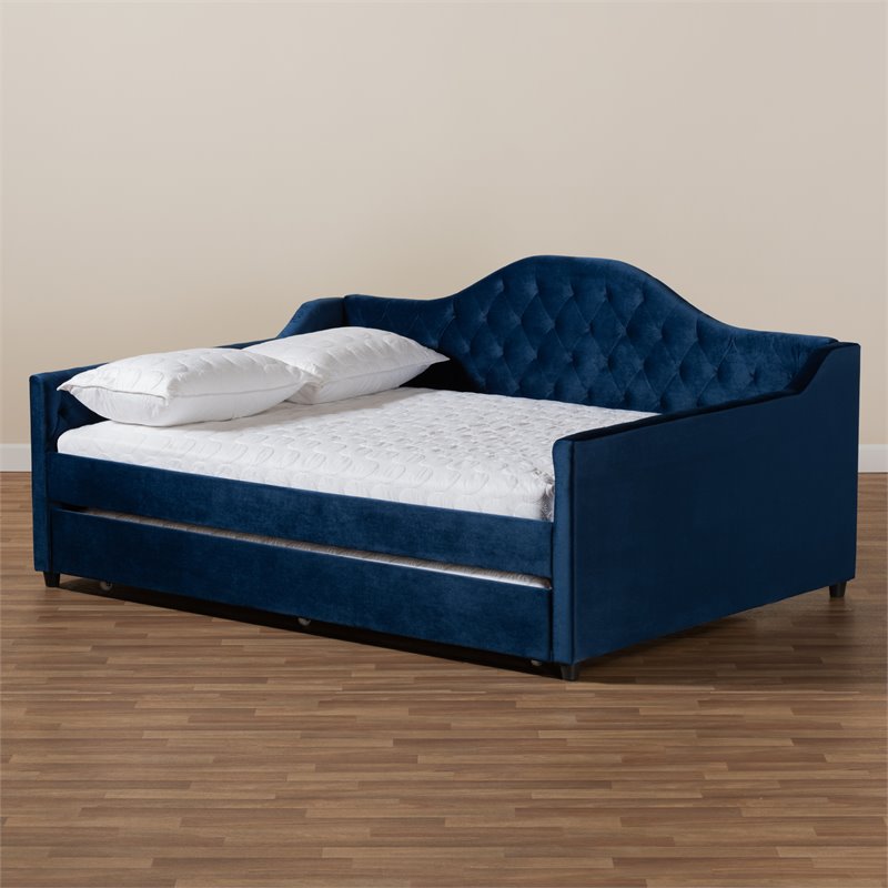 Bowery Hill Contemporary Velvet Upholstered Full Daybed with Trundle in Blue
