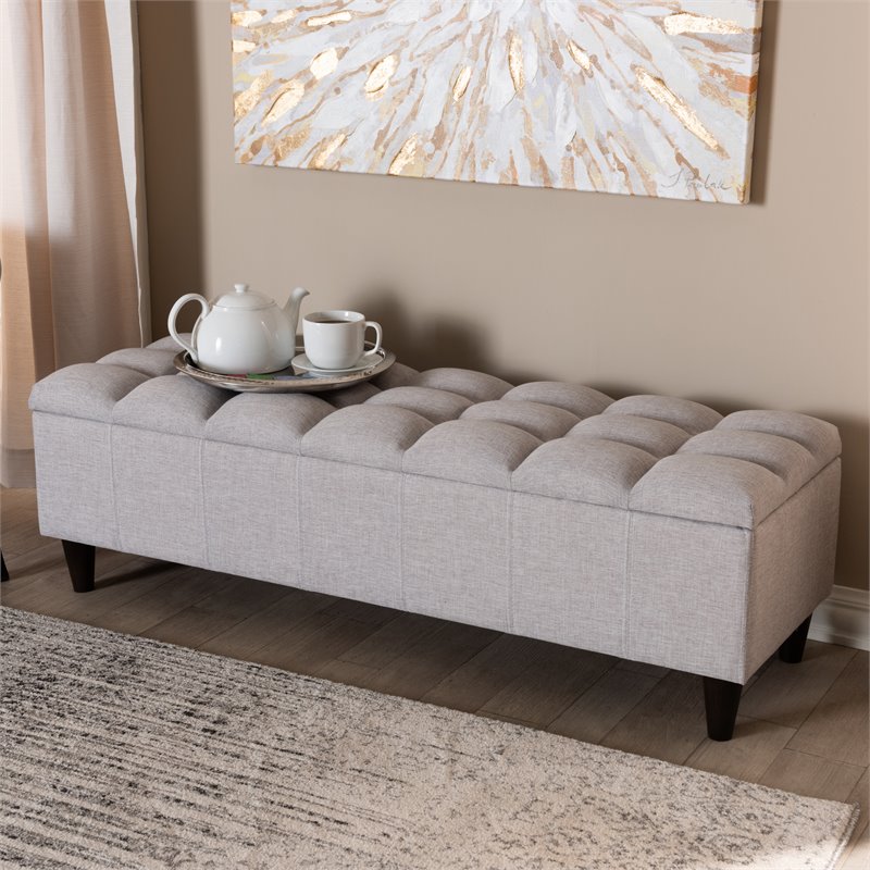 Bowery Hill Mid-Century Tufted Fabric and Wood Storage Ottoman in Gray Beige