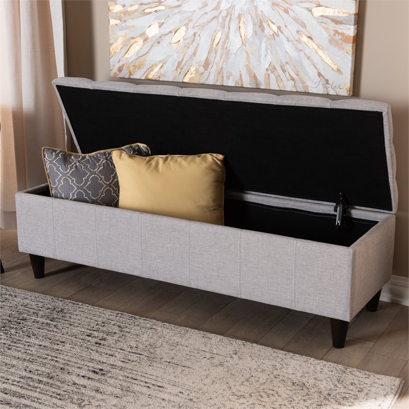 Bowery Hill Mid-Century Tufted Fabric and Wood Storage Ottoman in Gray Beige