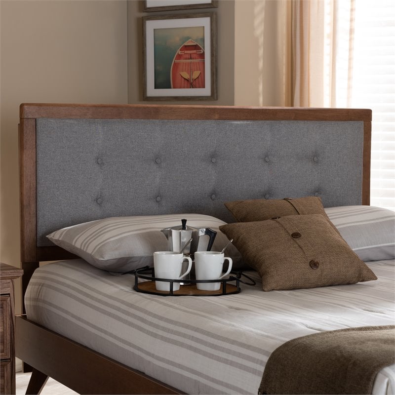 Bowery Hill Mid-Century Wood Tufted King Headboard in Light Gray/Walnut Brown