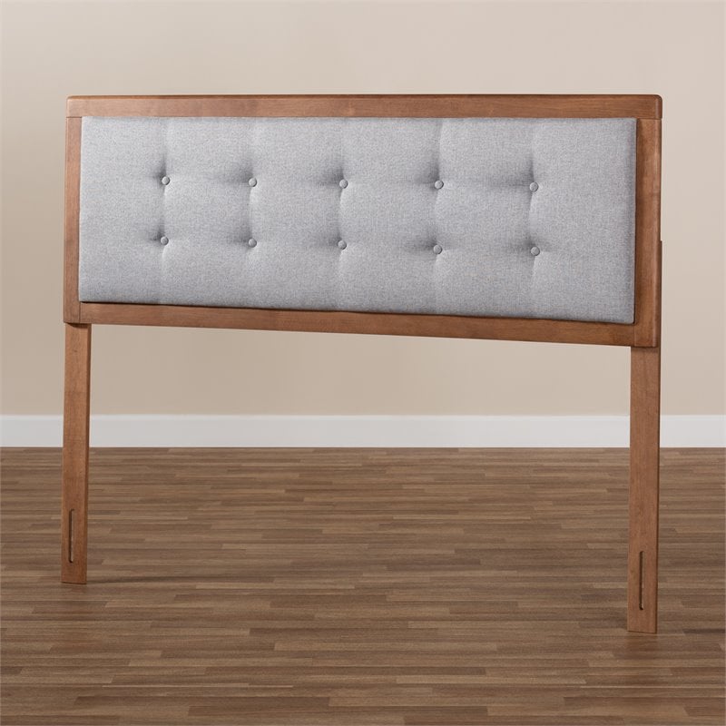 Bowery Hill Mid-Century Wood Tufted King Headboard in Light Gray/Walnut Brown