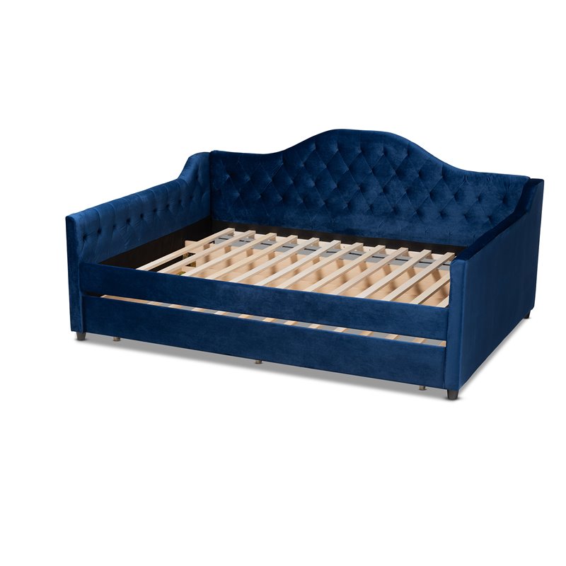 Bowery Hill Contemporary Velvet Upholstered Queen Daybed with Trundle in Blue