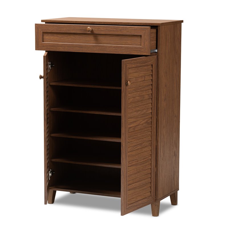 Bowery Hill Wood 5-Shelf and Drawer Shoe Cabinet in Walnut Brown