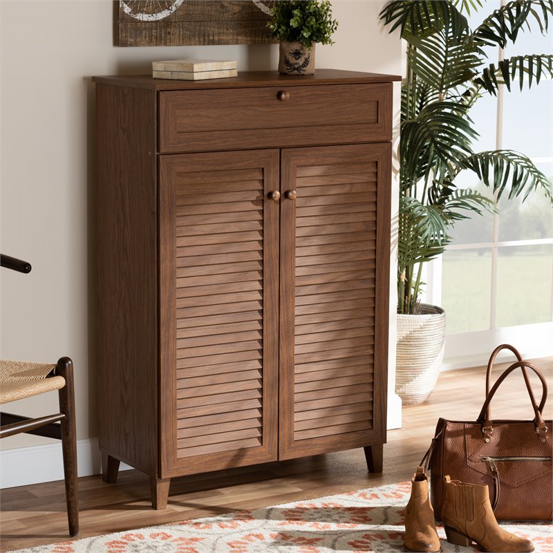 Bowery Hill Wood 5-Shelf and Drawer Shoe Cabinet in Walnut Brown