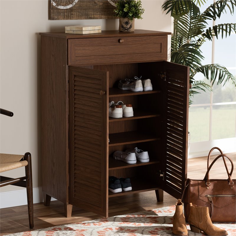 Bowery Hill Wood 5-Shelf and Drawer Shoe Cabinet in Walnut Brown
