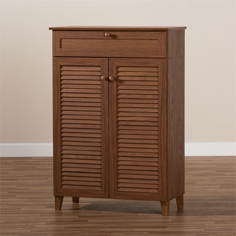 Bowery Hill Wood 5-Shelf and Drawer Shoe Cabinet in Walnut Brown